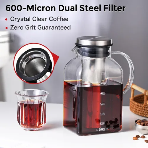 Miniatura 3 de Bincoo Cafetera de café frío de 40 onzas, cafetera helada y té con filtro fino de malla 600 para un sabor suave y bajo en ácido, jarra de vidrio