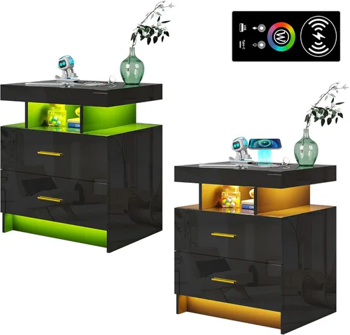 Miniatura 11 de WOOVIVS Juego de 2 mesitas de noche con estación de carga USB/tipo C/inalámbrica, mesitas de noche blancas con luces LED RGB automáticas, juego de 2