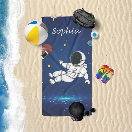 Miniatura 3 de Toalla de playa de astronauta de luz azul personalizada con nombre, toallas de baño a prueba de arena para natación y deporte, 30 x 60 pulgadas