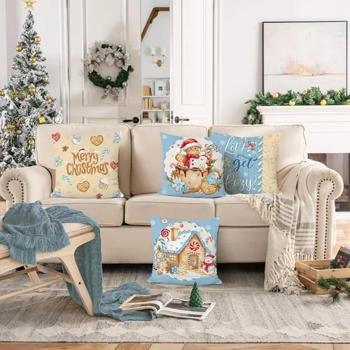 Miniatura 2 de Bonhause Juego de 4 fundas de almohada navideñas de hombre de jengibre de 18 x 18 pulgadas, casa de panadería, chocolate caliente, muñeco de nieve