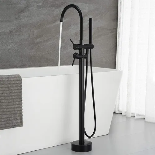 Miniatura 3 de Grifo de Bañera Independiente Relleno de Tina Montaje en Piso de Latón Grifo de Baño Negro con Ducha de Mano
