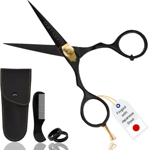 Ontaki Tijeras para barba y bigote para hombre, acero japonés de 5.5 pulgadas, color negro, cuchillas afiladas de precisión, reposapiés ergonómico y