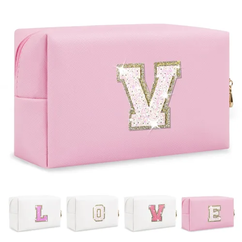Miniatura 66 de Pequeña bolsa de maquillaje personalizada con inicial A-Z Preppy Patch, bolsa de cosméticos de viaje de felpilla blanca con cremallera, bonita bolsa