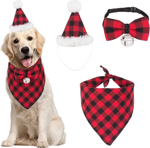 Miniatura 14 de ADOGGYGO Juego de bandana de Navidad para perro, sombrero y pajarita, clásica a cuadros rojos, bufanda de Navidad para mascotas, disfraz de Navidad