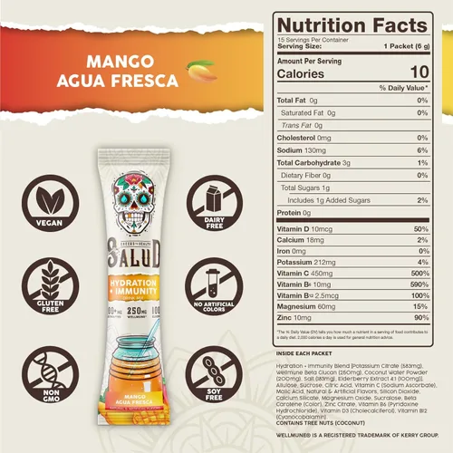 Miniatura 3 de Paquetes de Hidratación 2 en 1 Salud + Polvo de Electrolitos para la Inmunidad, Mango - Mezcla para Bebida de Agua Fresca, Baya del Saúco, Sin