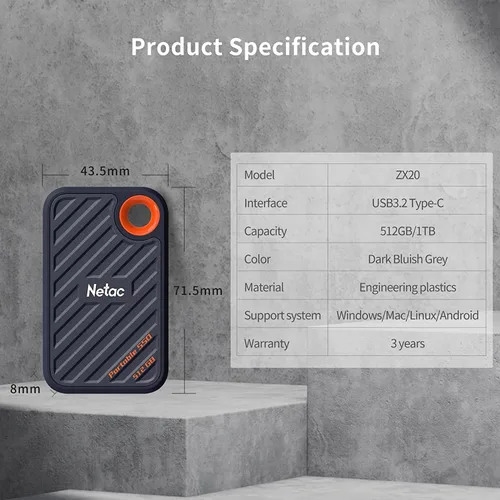 Miniatura 2 de Netac Unidades de estado sólido externas SSD portátiles extremas de 512 GB de hasta 2000 MB/s de lectura de 1700 MB/s de velocidad de escritura, USB