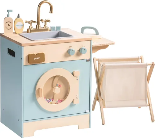 Miniatura 2 de ROBOTIME Juego de lavadora de cocina de juguete, lavadora de juguetes de madera para niños con cesta de ropa, plancha y fregadero, juguete de cocina