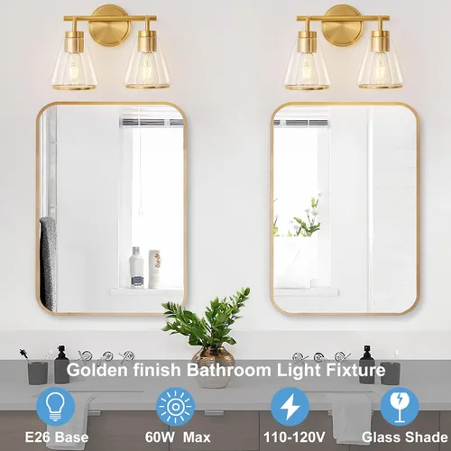 Miniatura 2 de Accesorios de iluminación de baño sobre espejo Luces de tocador doradas de 2 luces con pantalla de vidrio transparente de 14 pulgadas Luces