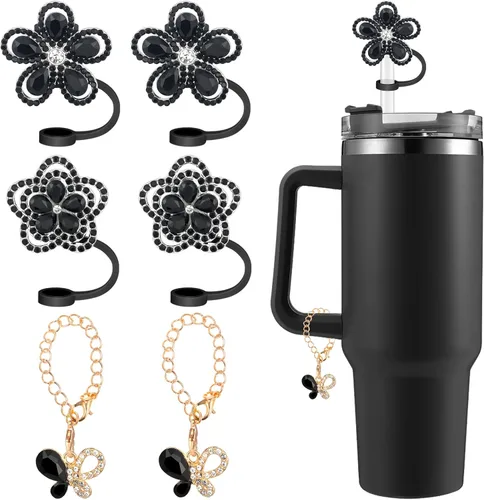 Funda de pajita de silicona con flores brillantes para vaso Stanley de 30 y 40 oz, juego de 4 tapas de pajita de flores de diamantes coloridas y 2