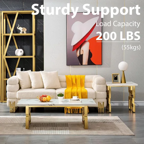 Miniatura 5 de AUZ Mesa auxiliar, mesa rectangular de 50 pulgadas, color blanco y dorado, mesa de té para sala de estar, sala de invitados, sala de recepción Base