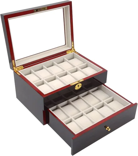 Miniatura 5 de LOYALHEARTDY Caja de reloj de madera de 20 ranuras, joyería y reloj de exhibición Oraorganization de 2 capas soporte de reloj de madera