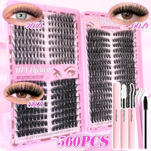 Miniatura 7 de Kit de racimos de pestañas, kit natural de 560 extensiones de pestañas en racimo de 0.354-0.630 in, kit de extensiones de pestañas individuales