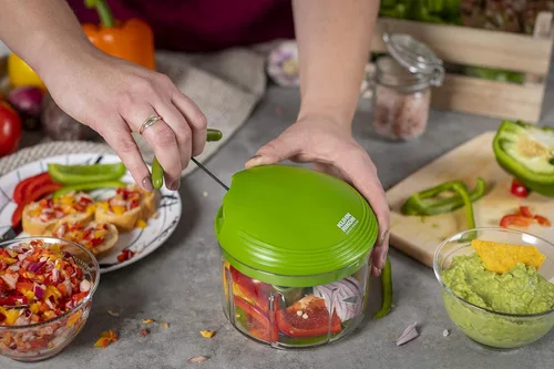 Miniatura 6 de Kuhn Rikon Cortador de tracción manual/procesador de alimentos manual con mecanismo de cordón, verde, 2 tazas