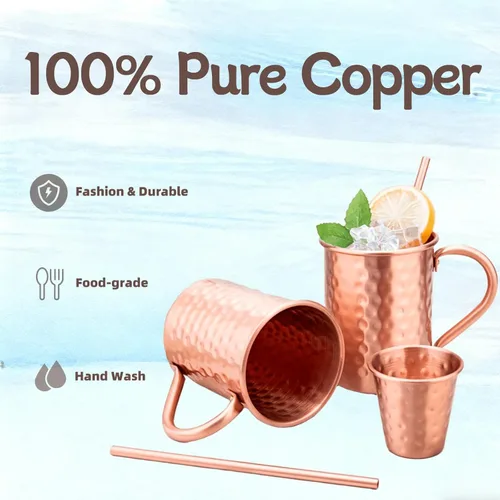 Miniatura 4 de Juego de 2 tazas de cobre 100% puro, tazas Moscow Mule con pajitas de cobre y jigger - Taza para beber en frío, taza martillada a mano, regalos