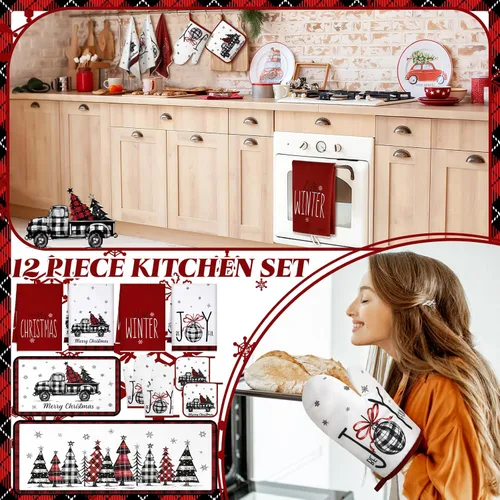 Miniatura 2 de Fourluoo Juego de 12 piezas de decoración de cocina de granja navideña, 4 toallas de cocina, 2 delantales de Navidad, 2 guantes de horno, 2 soportes