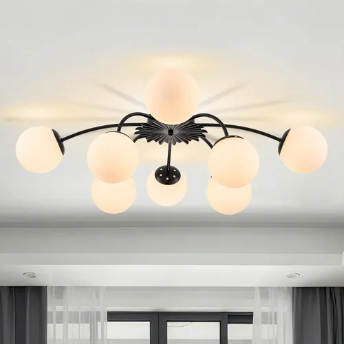 Miniatura 17 de Longree Sputnik - Lámpara de techo semiempotrada con forma de globo de vidrio de leche de 6 luces, color dorado, arte de mediados de siglo, moderna