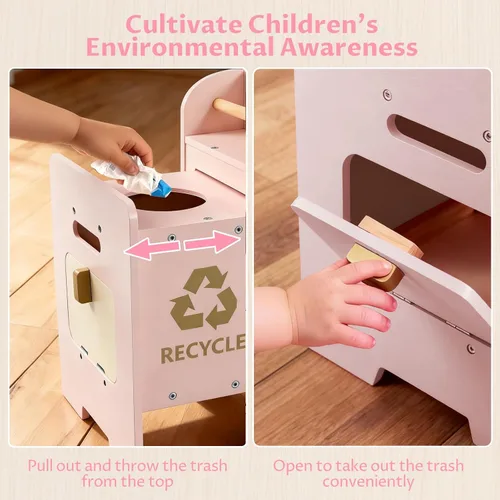 Miniatura 3 de INFANS Cocina esquinera para niños, juego de madera con carrito telescópico, luces realistas, sonidos, máquina de hielo, cajones de tela, horno
