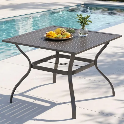 PHI VILLA Mesa de comedor para exteriores de 37 pulgadas, con listones de acero metálico, mesa de comedor cuadrada para patio con agujero para Negro