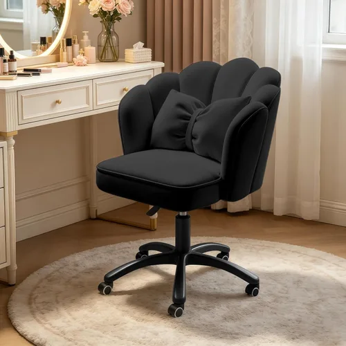 Miniatura 9 de Petal - Silla de escritorio con cojín de lazo, silla de tocador de terciopelo con ruedas, silla tapizada de oficina en casa para niñas y mujeres