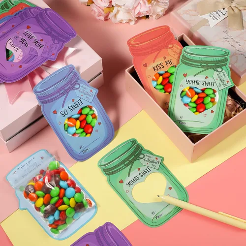 Miniatura 5 de Paquete de 40 tarjetas de San Valentín para niños, tarros coloridos de feliz San Valentín para niños, regalos únicos de San Valentín para niños
