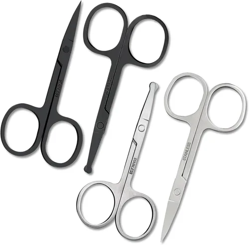 Juego de 4 tijeras de pelo facial curvadas y redondeadas para hombres y mujeres, tijeras de corte de bigote, nariz, barba, cejas, pestañas y orejas,