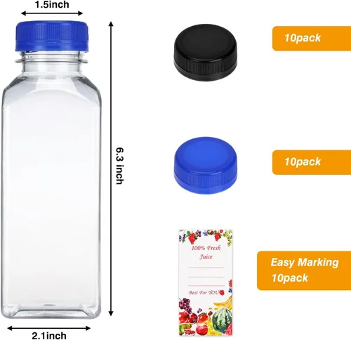 Miniatura 2 de SUPERLELE 10 botellas de plástico para jugo de 12 onzas con 10 tapas negras y 10 tapas azules, recipientes de jugo reutilizables con tapas