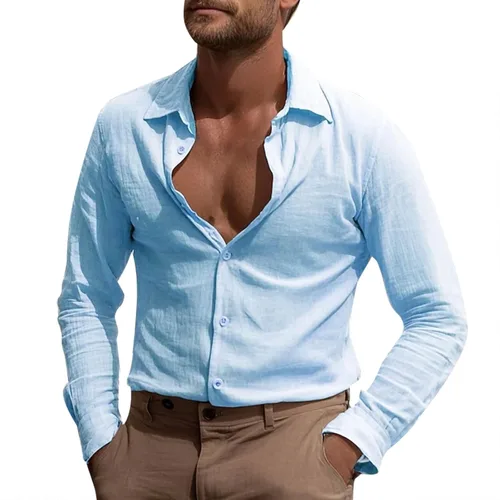 Miniatura 8 de Camisa de manga larga con botones para hombre, de verano, casual, de algodón, sin tapar, para playa, hippie, transpirable, de secado rápido