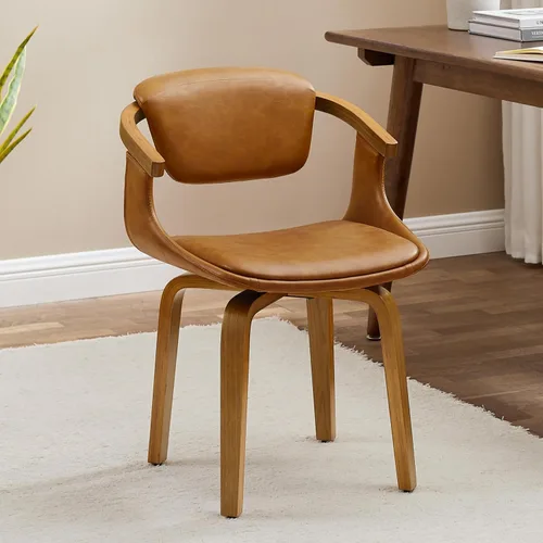 Miniatura 11 de Zouron Silla de escritorio sin ruedas, moderna silla de oficina de madera, silla de cuero sintético con brazo para sala de estar, dormitorio
