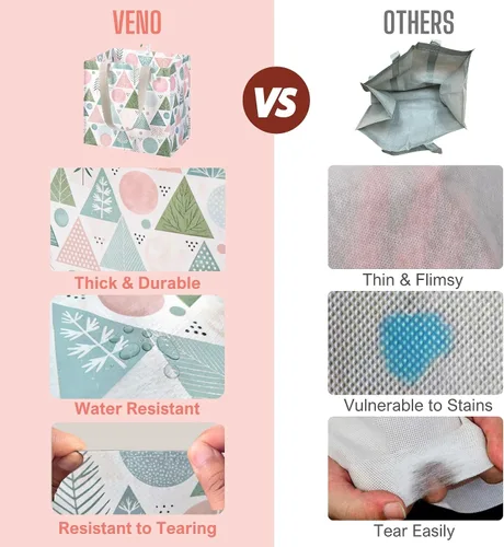 Miniatura 6 de VENO Paquete de 4 bolsas de comestibles reutilizables de Navidad, bolsas de compras resistentes con asas, para carrito de compras con parte inferior