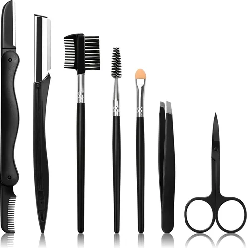 Maquinilla de afeitar para cejas, kit 7 en 1, juego de recortador de cejas que incluye maquinillas de afeitar, cepillo, tijeras, pinzas, con caja de
