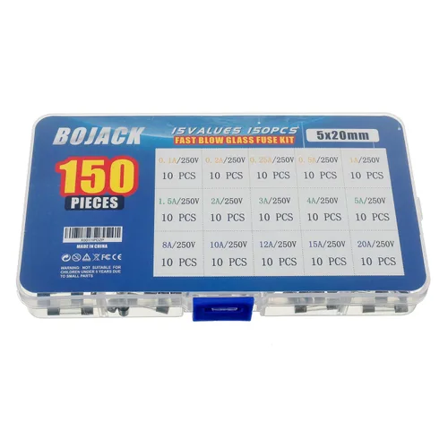 Miniatura 6 de BOJACK 15 Valores 150 piezas de fusibles de vidrio de soplado rápido Kit surtido 0.197x0.787 in 250 V 0.1 0.2 0.25 0.5 1 1.5 2 3 4 5 8 10 12 15 20 A