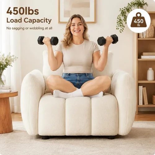 Miniatura 8 de Boucle Living Room Chairs, Modern Comfy Reading Armchair with Lumbar Pillow for Bedroom, Apartment, Office, 450 LBS Capacity, Beige