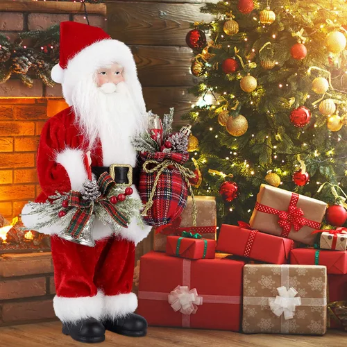 Miniatura 5 de AGM Figura decorativa navideña de Papá Noel de 12 pulgadas con bolsa de regalos y 2 campanas para fiestas navideñas y decoración del hogar