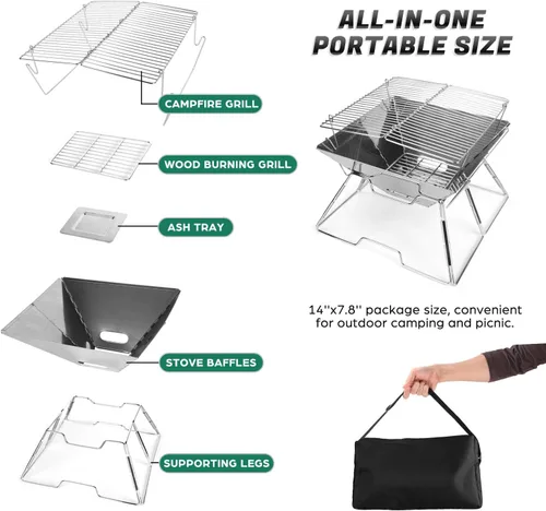 Miniatura 3 de Odoland Parrilla plegable para fogata, parrilla de acero inoxidable 304, parrilla de camping portátil con patas para pícnics, mochileros, al aire