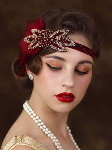 Miniatura 3 de SWEETV Diadema de plumas de los años 20, tocado Showgirl con lentejuelas de los años 20, accesorios para el cabello Gatsby para mujer, Borgoña