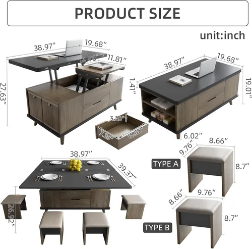 Miniatura 2 de Mesa de centro elevable con 4 taburetes de poliuretano, mesa de centro clásica de color negro con contraste marrón que se convierte en mesa