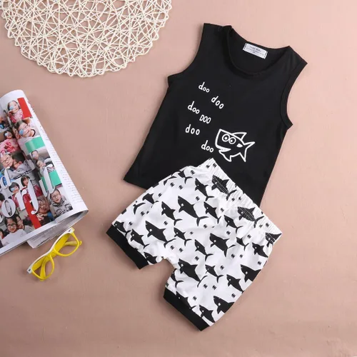 Miniatura 4 de Conjunto de ropa para bebé y niña, diseño de tiburón y Doo Doo, de algodón, sin mangas, conjunto de tops y pantalones cortos