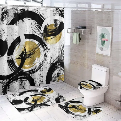 Miniatura 10 de Juego de 4 cortinas de ducha de arte geométrico moderno abstracto, estilo grunge, negro, blanco, dorado, impreso, juego de decoración de baño