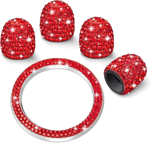 WINKA 4 tapones para válvula de neumático de automóvil con diamantes de imitación, 1 cubierta de botón de motor de automóvil, anillo de encendido