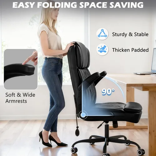 Miniatura 6 de Silla de oficina ejecutiva grande y alta de 450 LBS con brazo abatible, silla de escritorio de computadora de cuero PU resistente, cómoda silla Negro