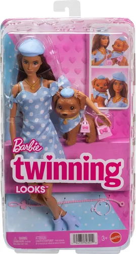 Miniatura 6 de Muñeca Barbie Twinning Looks con perro mascota en ropa y accesorios a juego de lunares azules para ambos, con gorras y bolsos, pelo castaño
