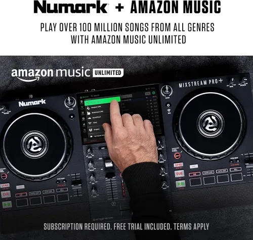 Miniatura 11 de Numark Controlador de DJ Mixstream Pro+ con Separación de Stems, 2 Decks, Transmisión Wi-Fi, Mezclador, Pantalla Táctil de 7", Altavoces, funciona
