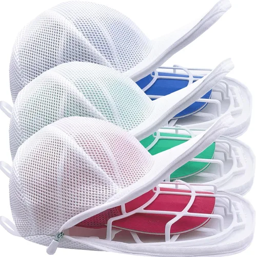 Paquete de 3 arandelas de sombreros para lavadora, jaula de sombreros para lavar, bolsas de lavado de ropa para gorras de béisbol, limpiador de