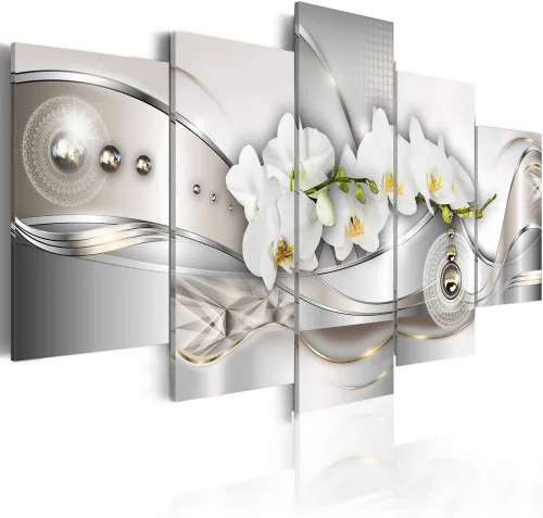 Lienzo de flores gigantes vibrantes para pared, diseño de orquídeas perlas, decoración moderna, 5 paneles, pintura floral blanca, imagen HD para