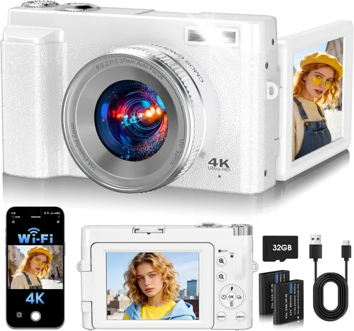 Cámara digital de 64 MP para fotografía, cámara de video WiFi 4K Vlog 2026 para YouTube con pantalla abatible de 180°, enfoque automático Blanco