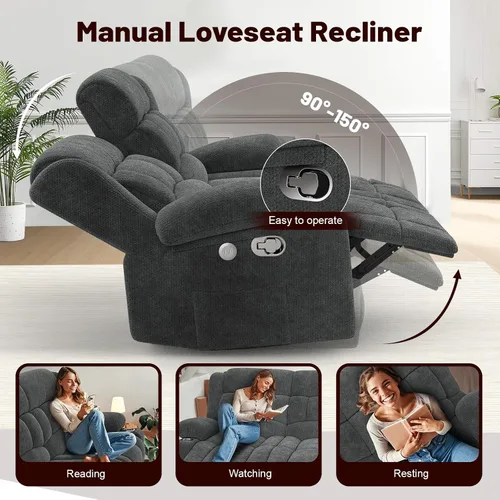 Miniatura 3 de Juego de Sofá Reclinable de Dos Plazas con 2+1 Piezas, Sillón Reclinable Minimalista de 2 Plazas con Pestaña de Tirón Manual, Tela con Puertos