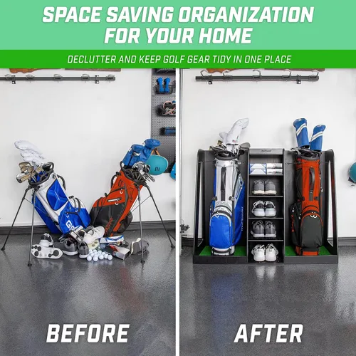 Miniatura 2 de GoSports Organizador de bolsas de golf de madera prémium y estante de almacenamiento, capacidad para 2 bolsas de golf, acabado negro, blanco o marrón