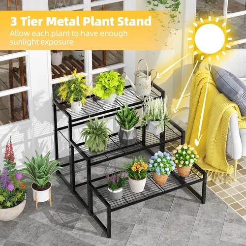 Miniatura 2 de Simple Trending Soporte de metal de 3 niveles para plantas al aire libre e interior, impermeable, apilable, resistente, estante alto para plantas