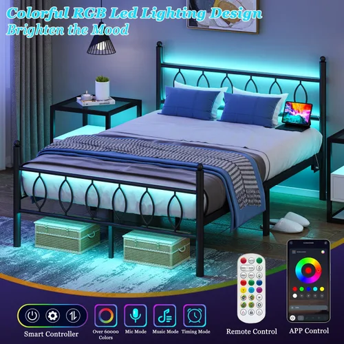 Miniatura 3 de Marco de Cama Tamaño Full con Cabecero, Marco de Cama Plataforma de Metal Negro Tamaño Full con Estación de Carga y Luces LED, Almacenamiento Bajo