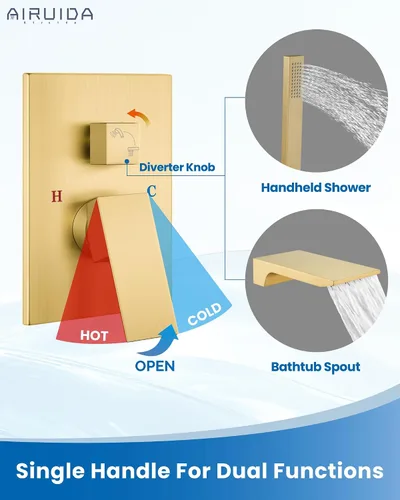 Miniatura 5 de Airuida Grifo de bañera de montaje en pared con boquilla de cascada, grifo de bañera montado en la pared con ducha de mano de una sola manija, juego